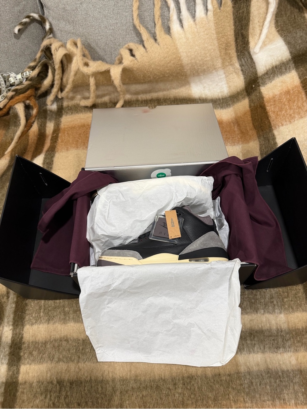 Jordan Men’s Black and Gray Retro Sneakers with Cream Midsole